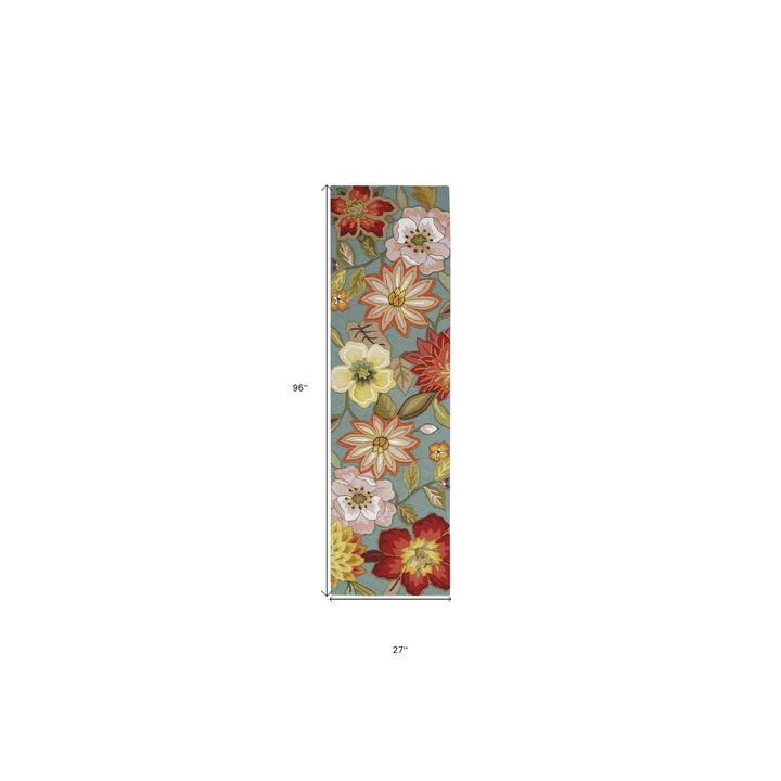 8 Green Floral Hand Hooked Handmade Runner Rug Image 8