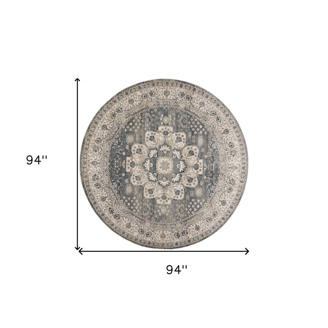 8 Grey And Ivory Round Oriental Power Loom Non Skid Area Rug Image 5