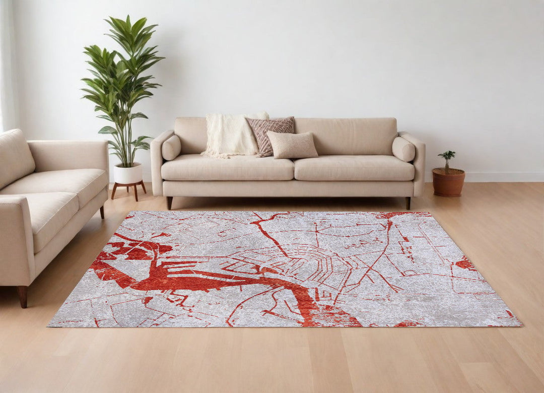 7 x 9 Red and White Abstract Non Skid Area Rug Image 1