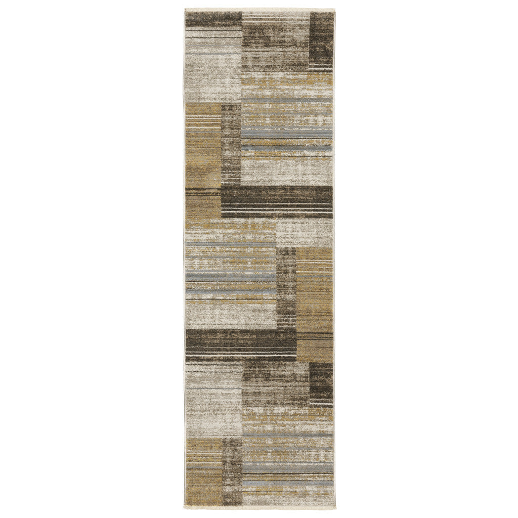 8 Beige and Charcoal Geometric Power Loom Runner Rug Image 1