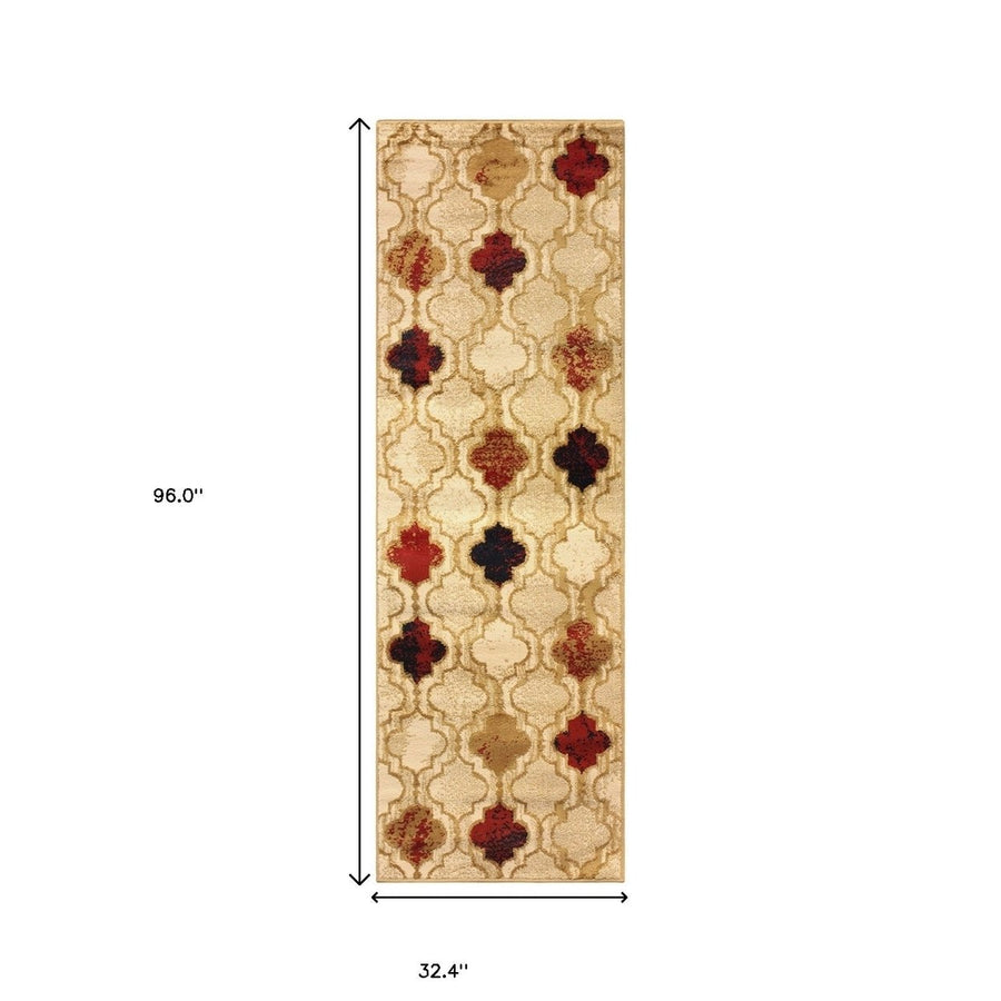 8 Beige Quatrefoil Power Loom Distressed Stain Resistant Runner Rug Image 1