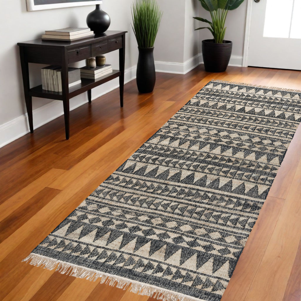 8 Black and Ivory Geometric Hand Woven Runner Rug With Fringe Image 2