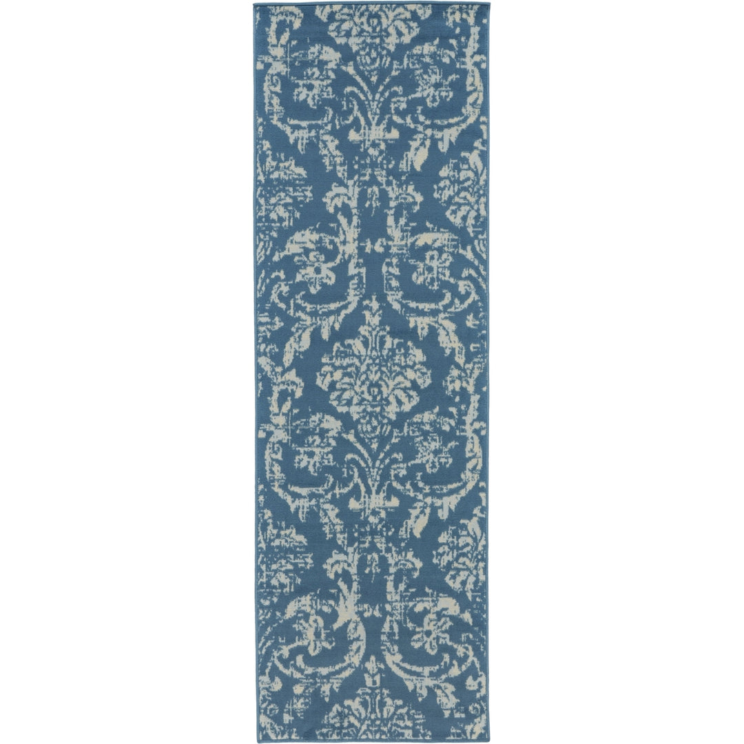 7 Blue Damask Power Loom Runner Rug Image 1