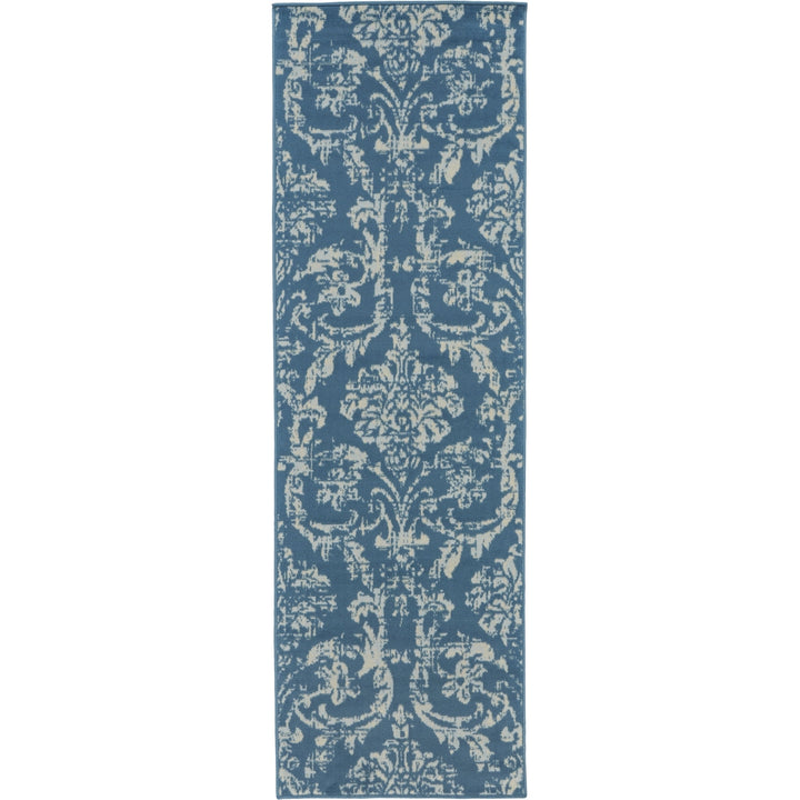 7 Blue Damask Power Loom Runner Rug Image 1