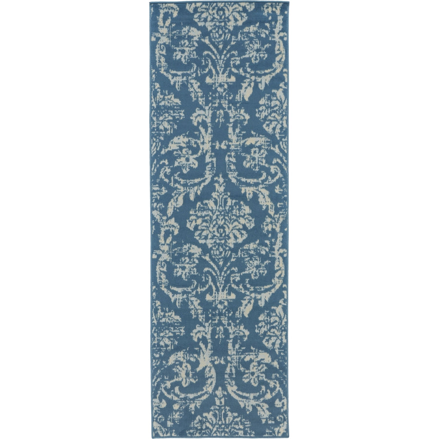 7 Blue Damask Power Loom Runner Rug Image 1