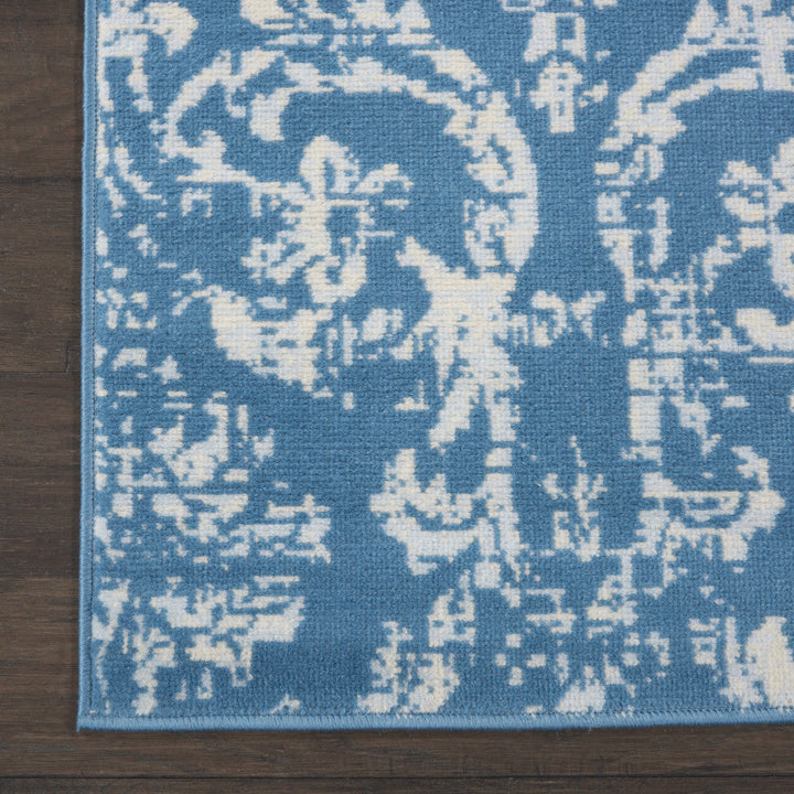 7 Blue Damask Power Loom Runner Rug Image 3