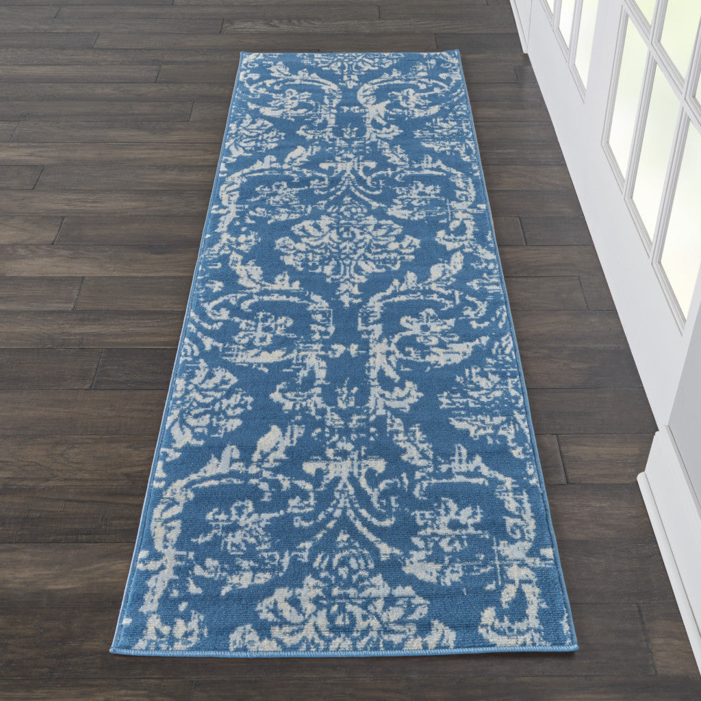 7 Blue Damask Power Loom Runner Rug Image 5