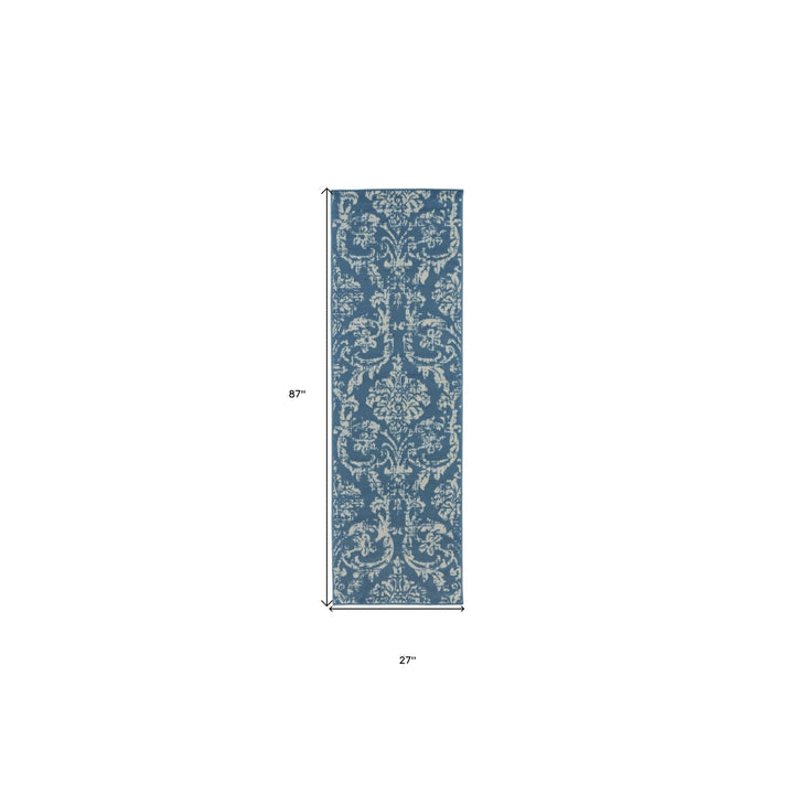 7 Blue Damask Power Loom Runner Rug Image 6