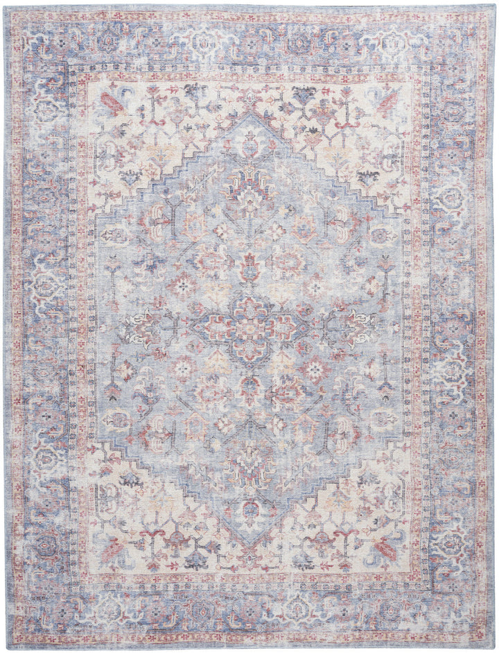 8 x 10 Blue Floral Power Loom Distressed Area Rug Image 1