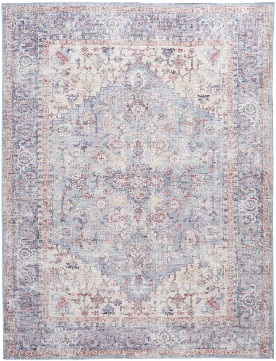 8 x 10 Blue Floral Power Loom Distressed Area Rug Image 1