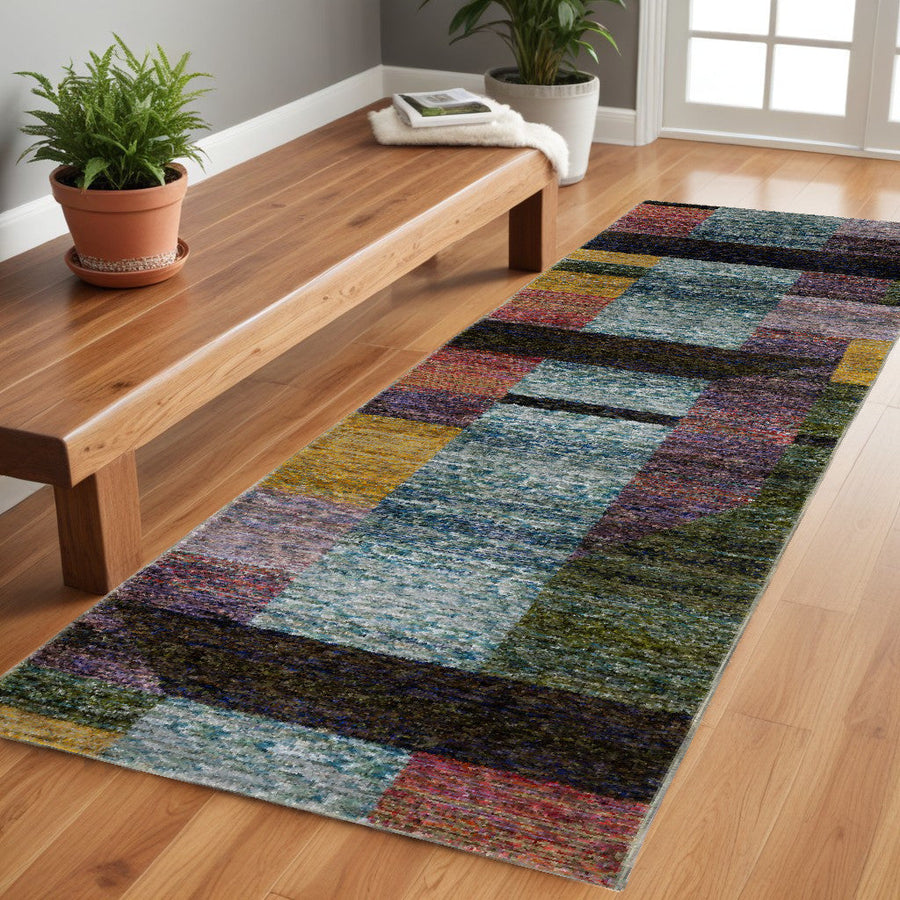 8 Runner Purple and Red Geometric Power Loom Runner Rug Image 1