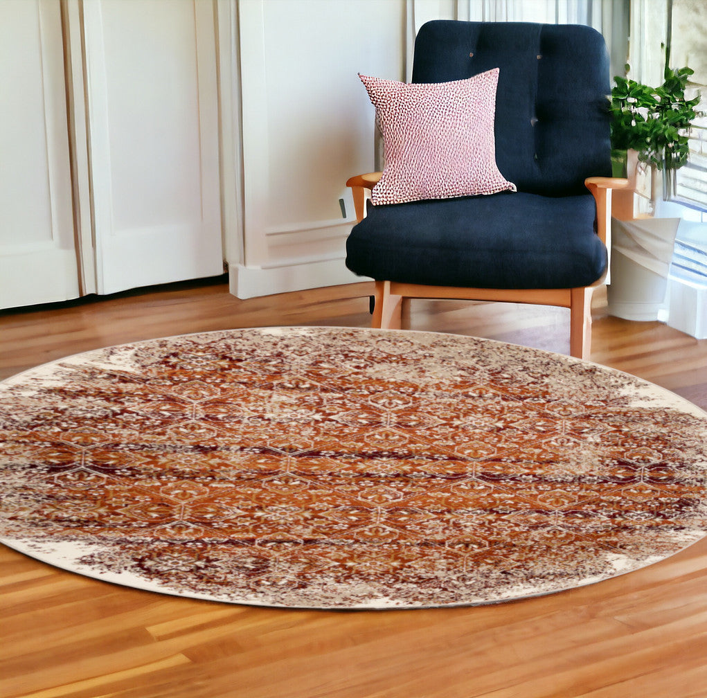 8 Rust Round Oriental Area Rug Image 1