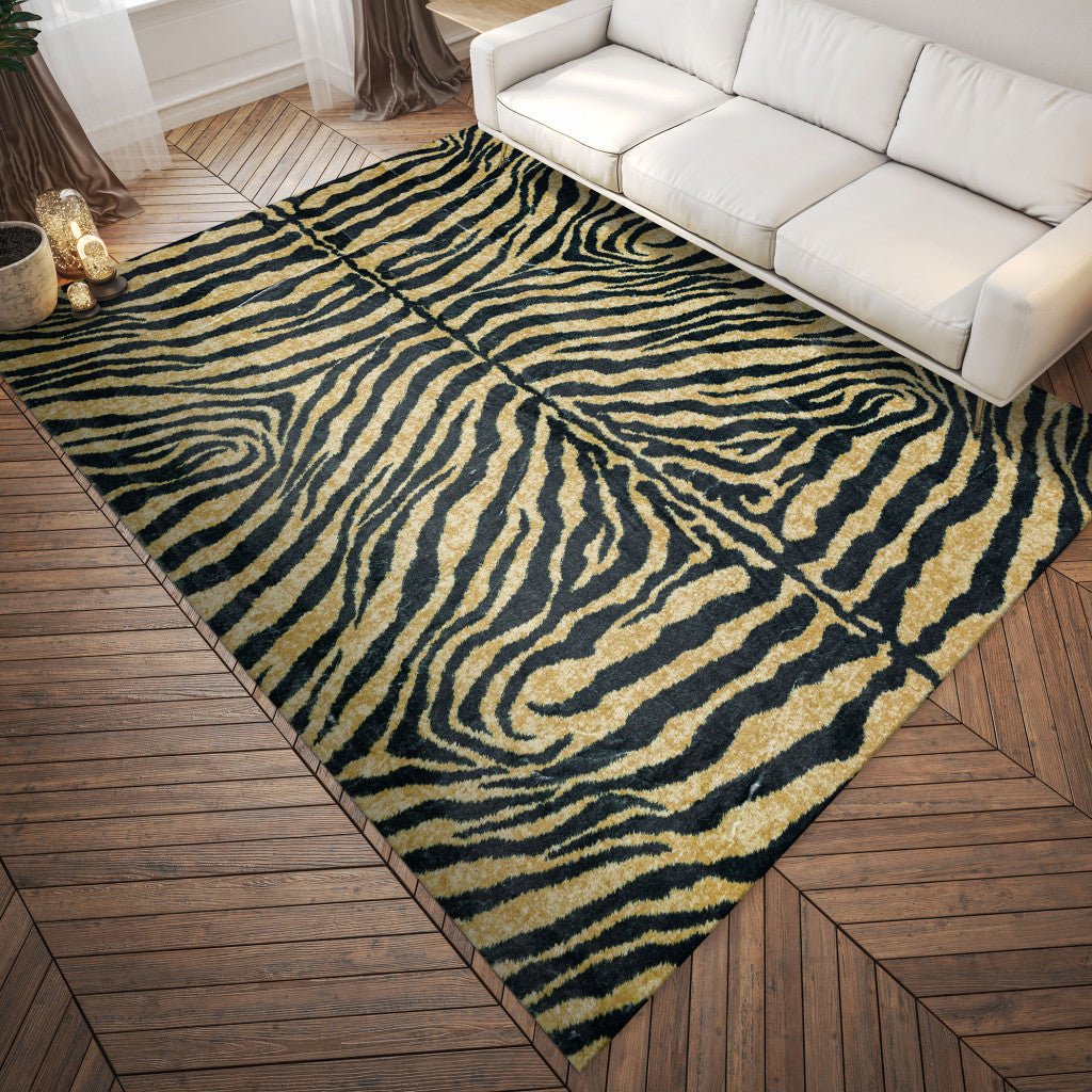 8 X 10 Black and Gold Animal Print Shag Handmade Non Skid Area Rug Image 6