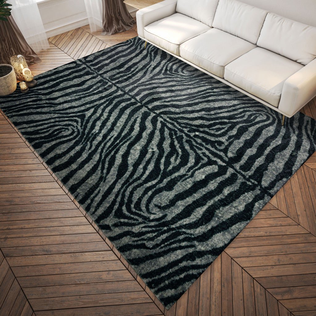 8 X 10 Black and Gray Zebra Print Shag Handmade Non Skid Area Rug Image 7