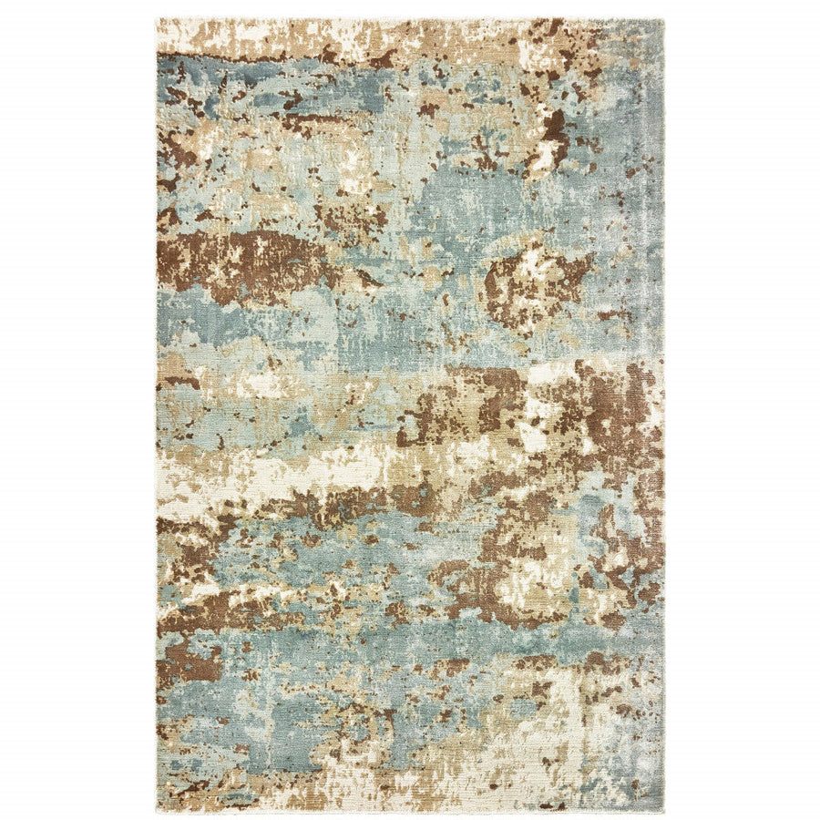 8 X 10 Blue And Brown Abstract Hand Loomed Stain Resistant Area Rug Image 1