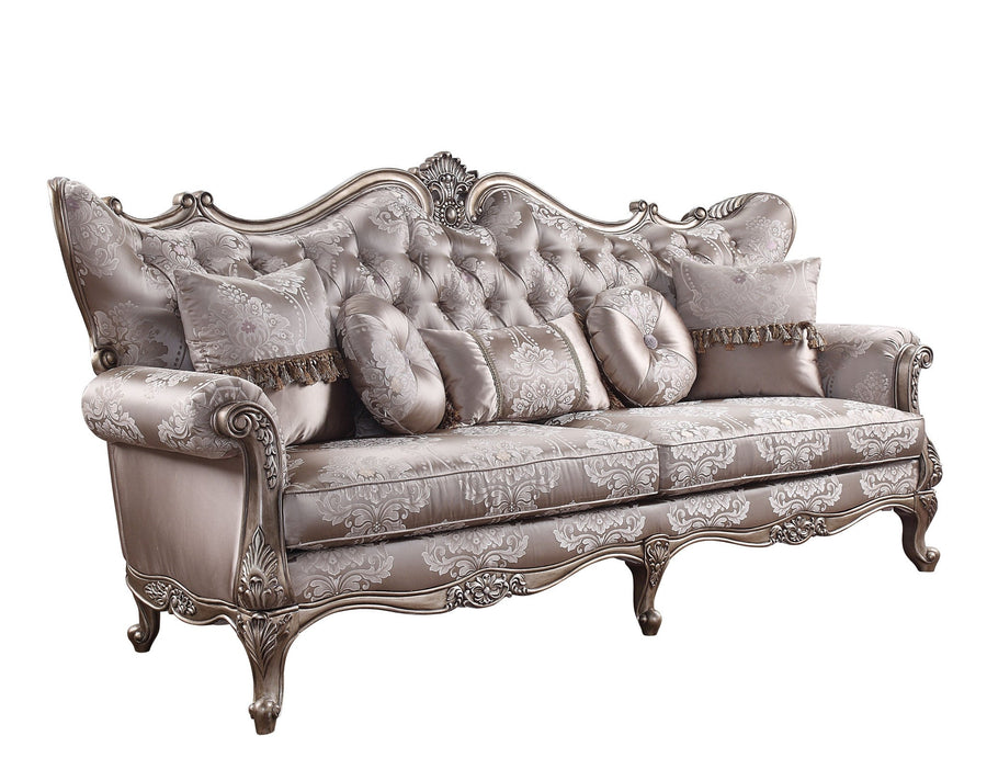 94" Dark Gray Imitation Silk Damask Sofa And Toss Pillows With Champagne Legs Image 1