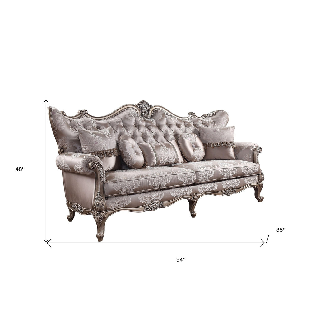 94" Dark Gray Imitation Silk Damask Sofa And Toss Pillows With Champagne Legs Image 2