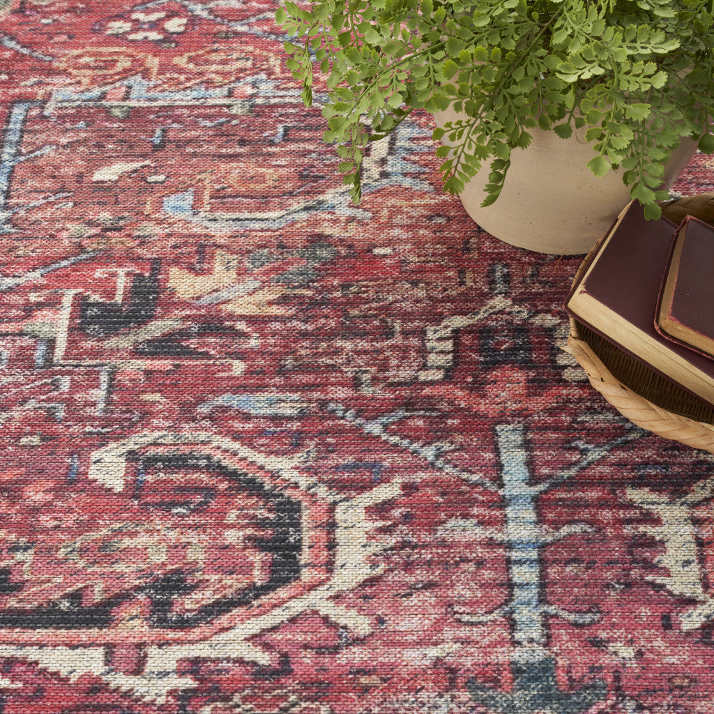 8 X 10 Red Floral Power Loom Distressed Area Rug Image 6