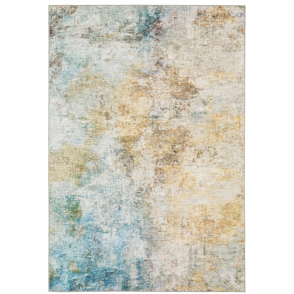 8 X 10 Yellow Gold Blue Green Brown Grey And Beige Abstract Power Loom Stain Resistant Area Rug Image 1