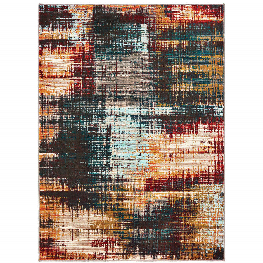 8 X 11 Blue Gold Red And Grey Abstract Power Loom Stain Resistant Area Rug Image 1