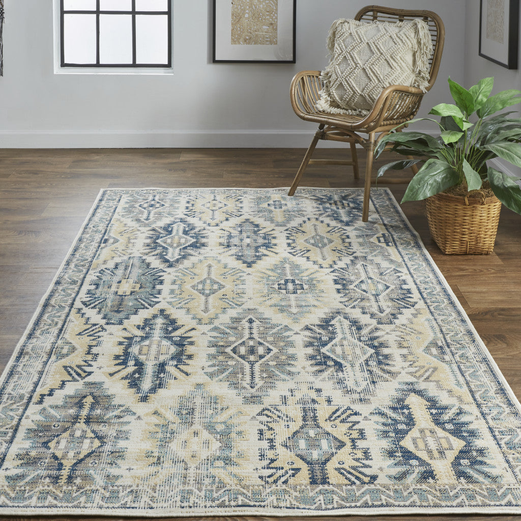 8 X 11 Green Blue And Ivory Abstract Power Loom Distressed Stain Resistant Area Rug Image 10