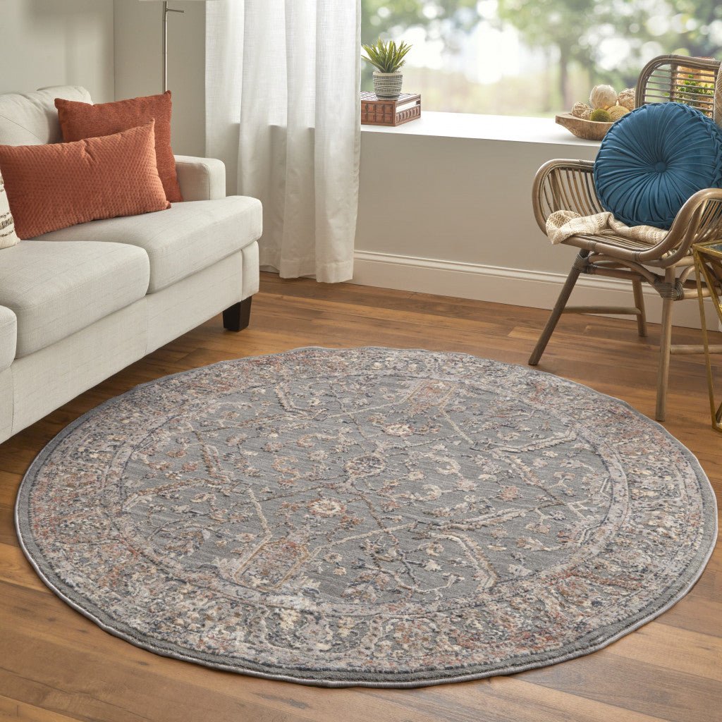 8 x 10 Gray and Ivory Floral Power Loom Area Rug Image 9