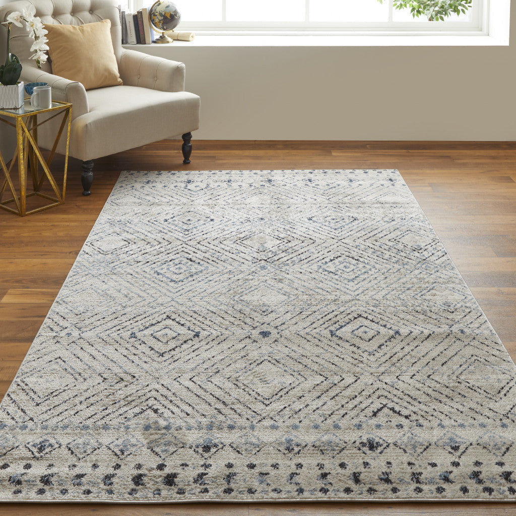 8 X 10 Ivory Blue And Gray Geometric Power Loom Distressed Area Rug Image 7