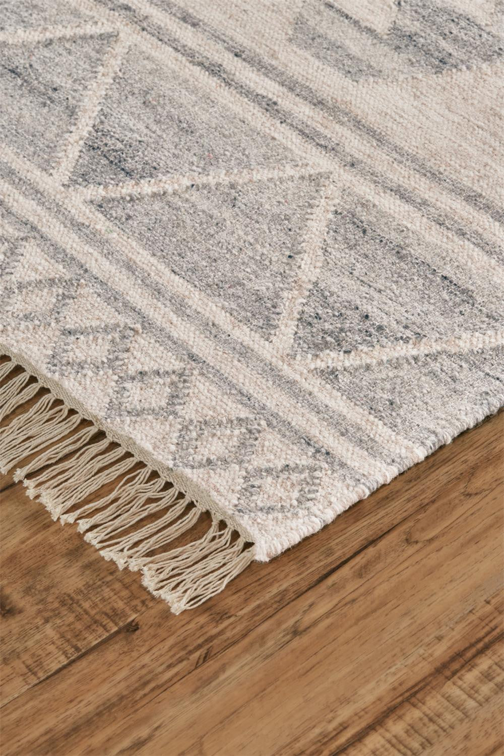 8 X 10 Ivory Gray And Blue Wool Geometric Dhurrie Flatweave Handmade Area Rug With Fringe Image 7