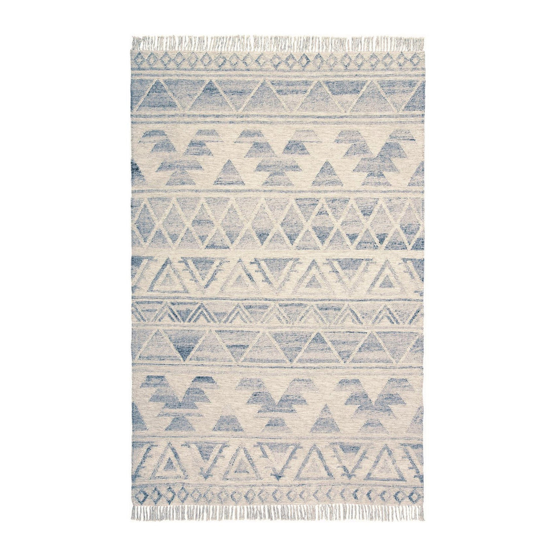 8 X 10 Ivory Gray And Blue Wool Geometric Dhurrie Flatweave Handmade Area Rug With Fringe Image 8