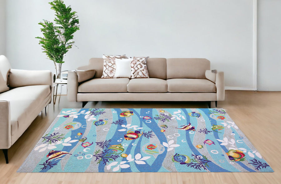 5X8 Blue Hand Hooked Marine Life Indoor Area Rug Image 1