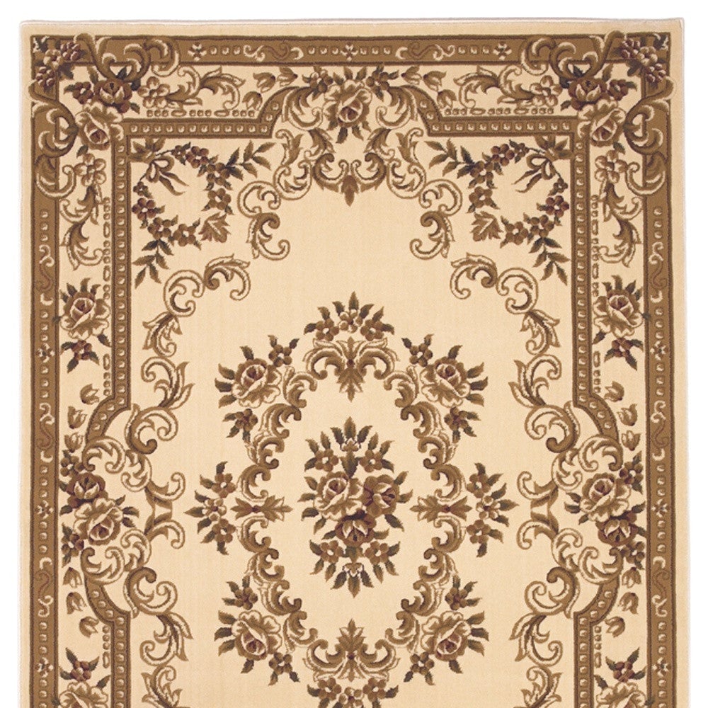 8X11 Ivory Machine Woven Hand Carved Floral Medallion Indoor Area Rug Image 1