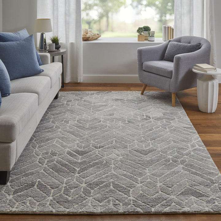 9 x 12 Gray and Ivory Wool Geometric Hand Tufted Area Rug Image 11