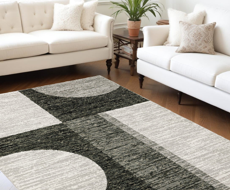 8 x 11 Gray and Ivory Geometric Power Loom Area Rug Image 1