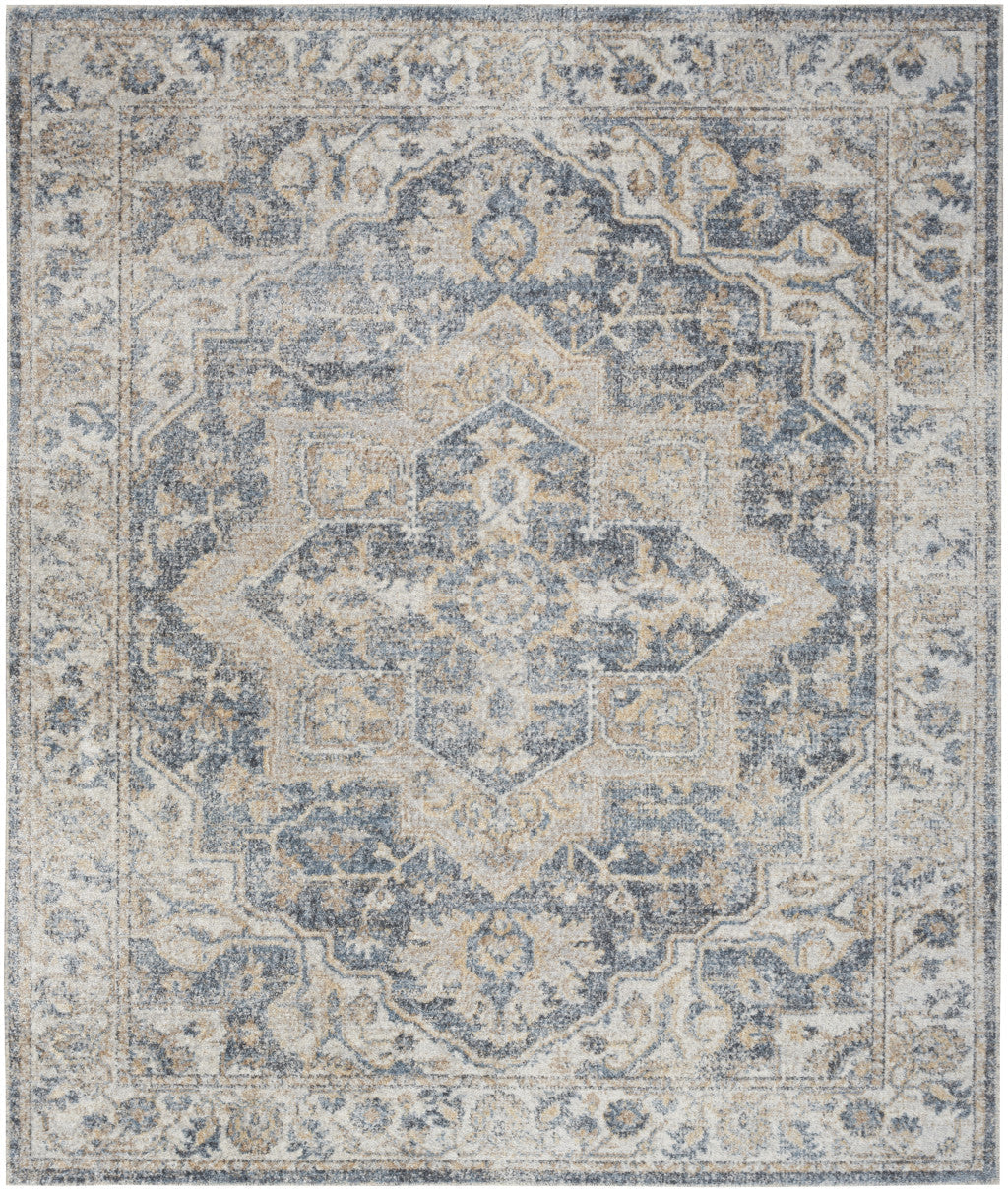 8 x 10 Gray and Blue Oriental Power Loom Washable Area Rug Image 1