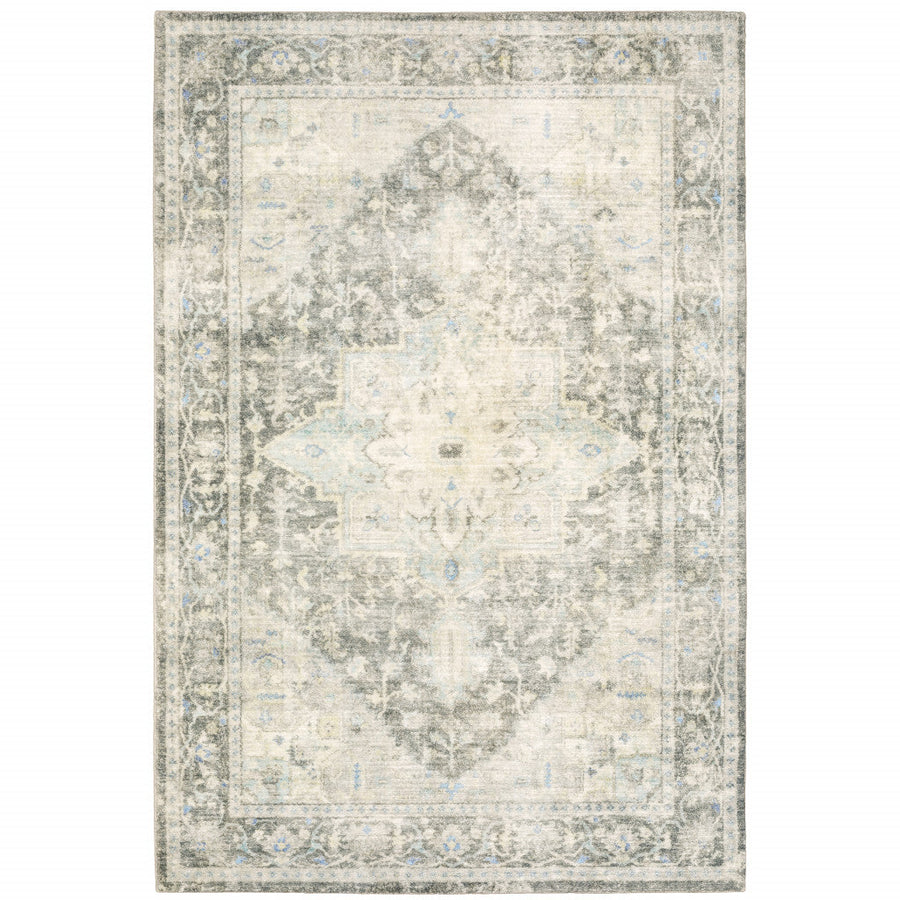 8 X 10 Grey Ivory And Blue Oriental Power Loom Stain Resistant Area Rug Image 1