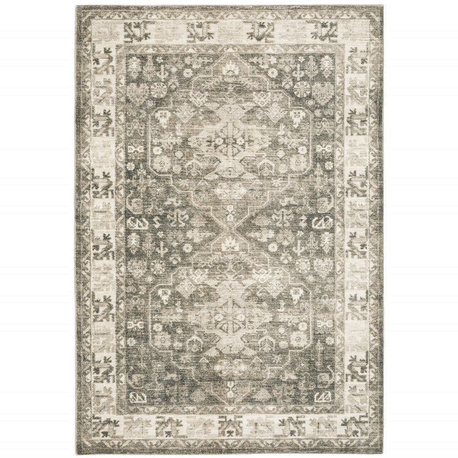 8 X 10 Grey Ivory Tan And Beige Oriental Power Loom Stain Resistant Area Rug Image 1