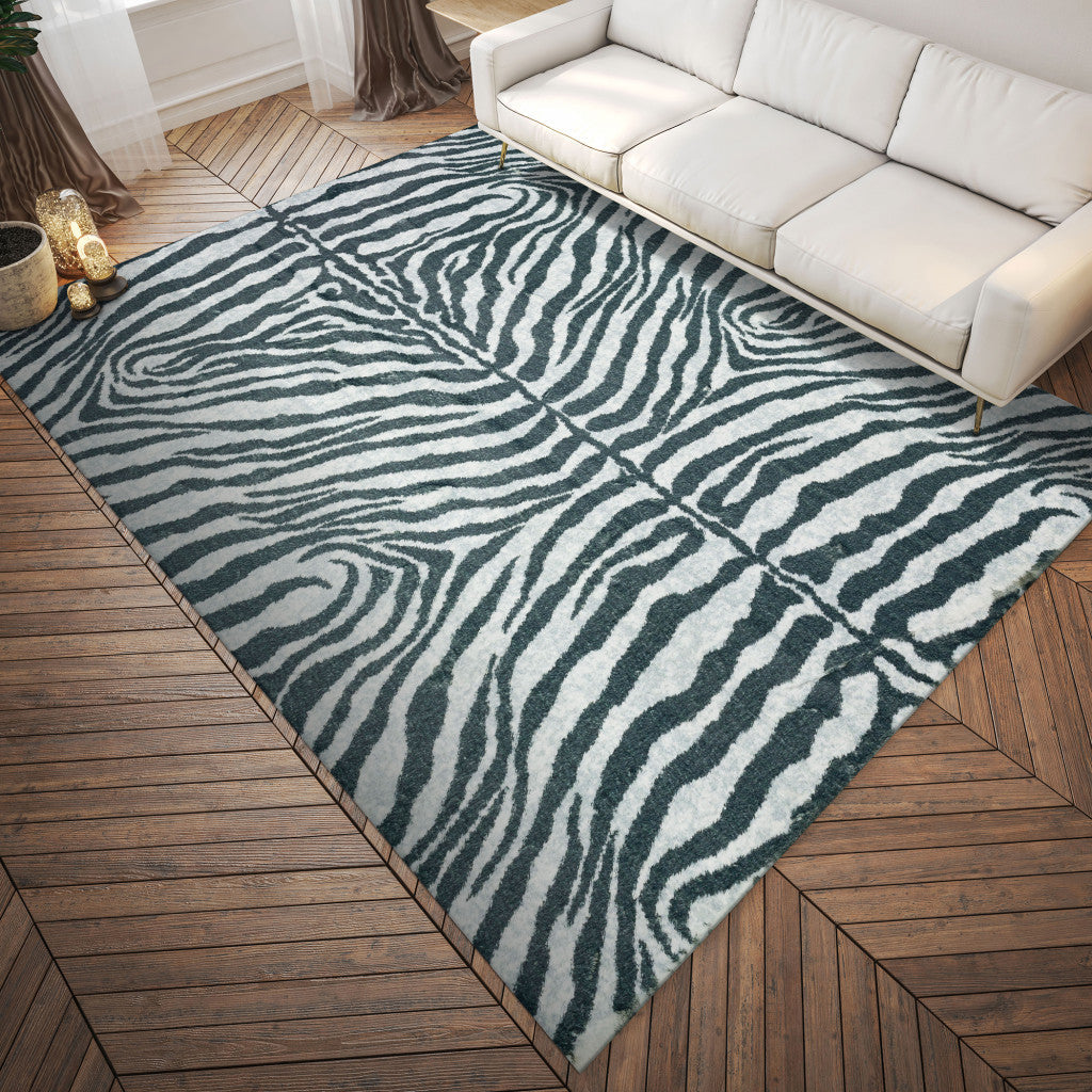 8 X 10 Grey Zebra Print Shag Handmade Non Skid Area Rug Image 4