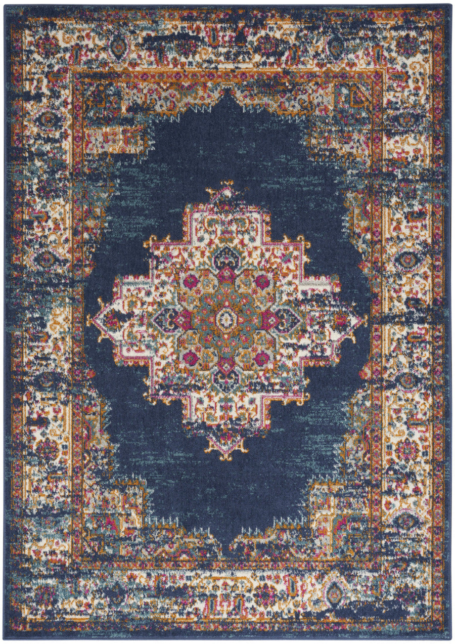 8 X 10 Navy Blue Floral Power Loom Distressed Area Rug Image 1