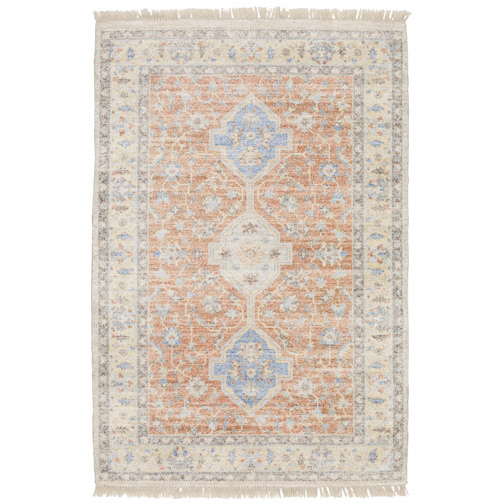 8 X 10 Orange And Blue Oriental Hand Loomed Stain Resistant Area Rug With Fringe Image 1