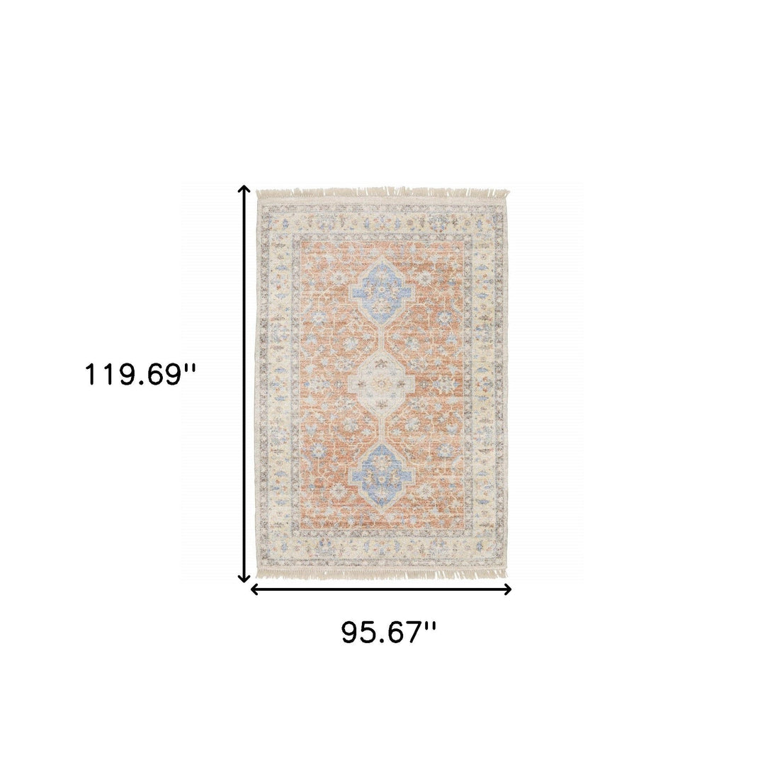 8 X 10 Orange And Blue Oriental Hand Loomed Stain Resistant Area Rug With Fringe Image 8