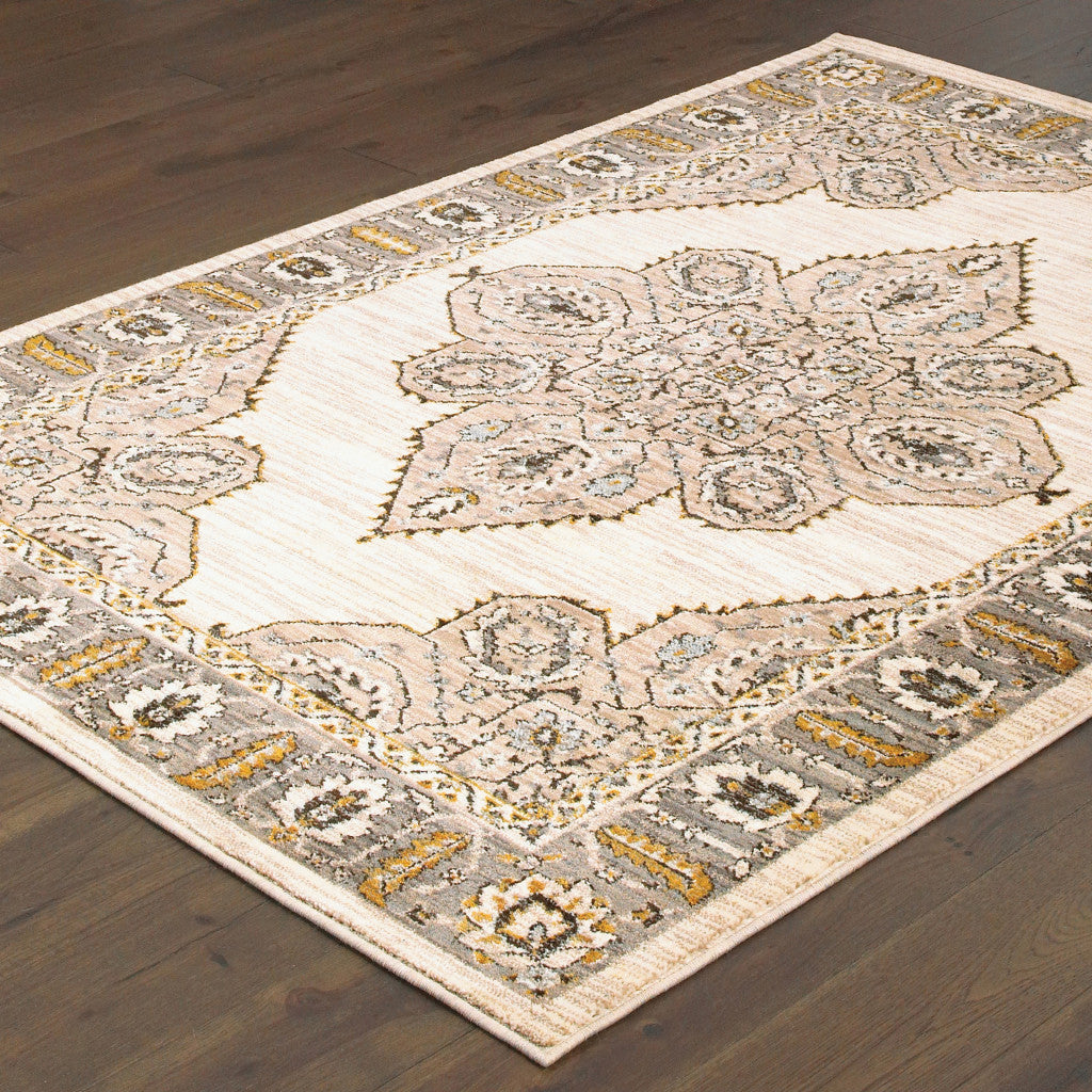 8 X 11 Ivory Gold Grey And Blue Oriental Power Loom Stain Resistant Area Rug Image 4