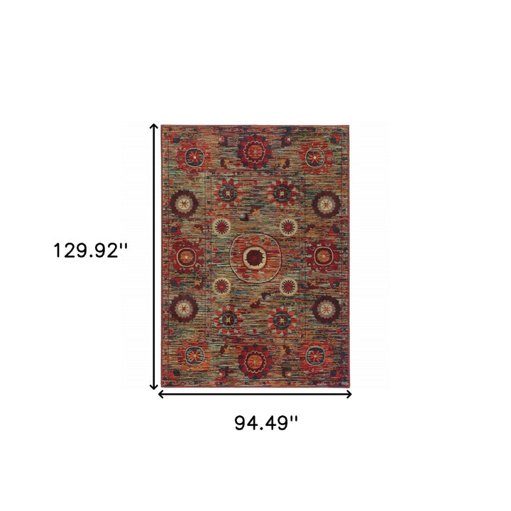 8 X 11 Red Gold Orange Green Ivory Rust And Blue Floral Power Loom Stain Resistant Area Rug Image 5