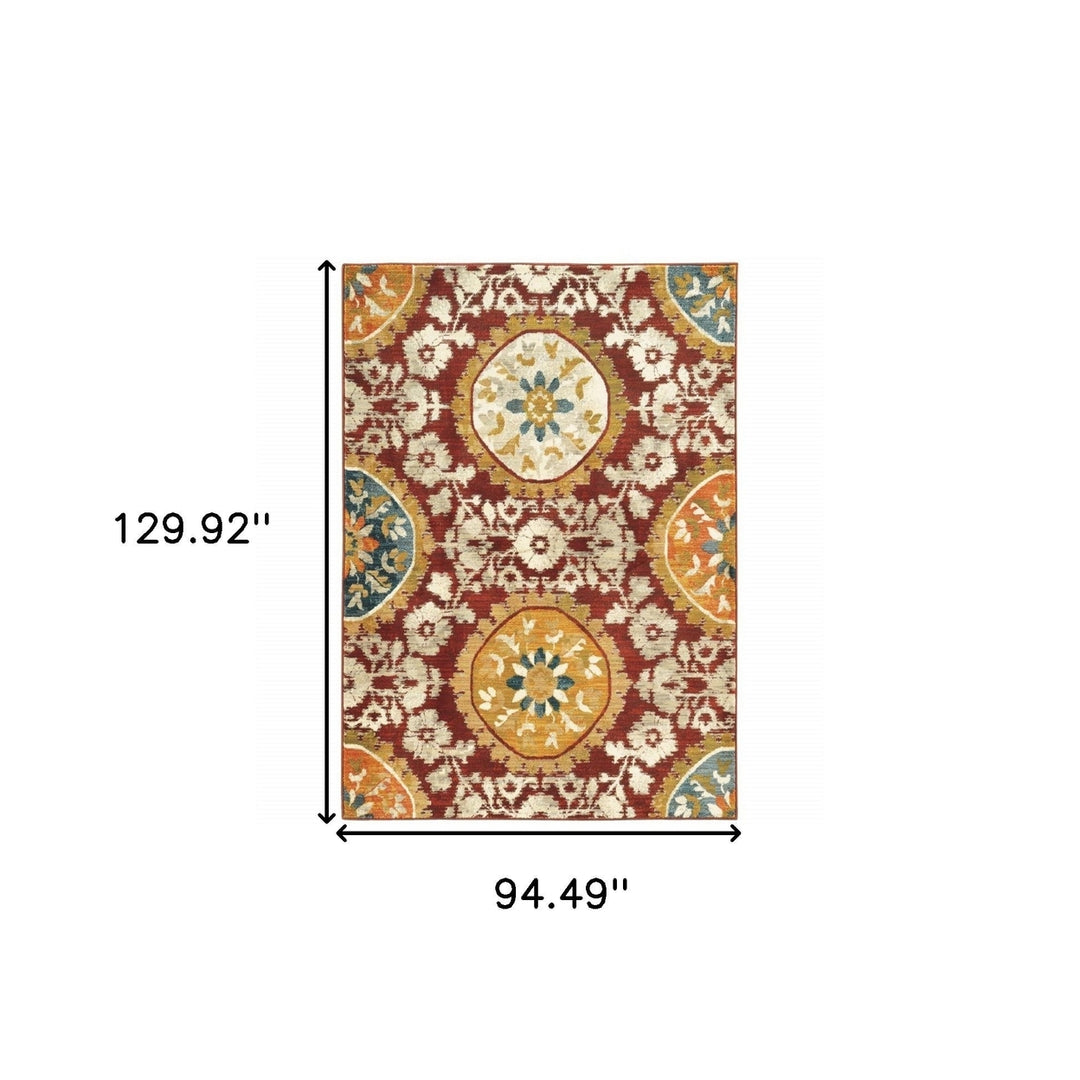 8 X 11 Red Gold Teal Grey Ivory And Blue Oriental Power Loom Stain Resistant Area Rug Image 5