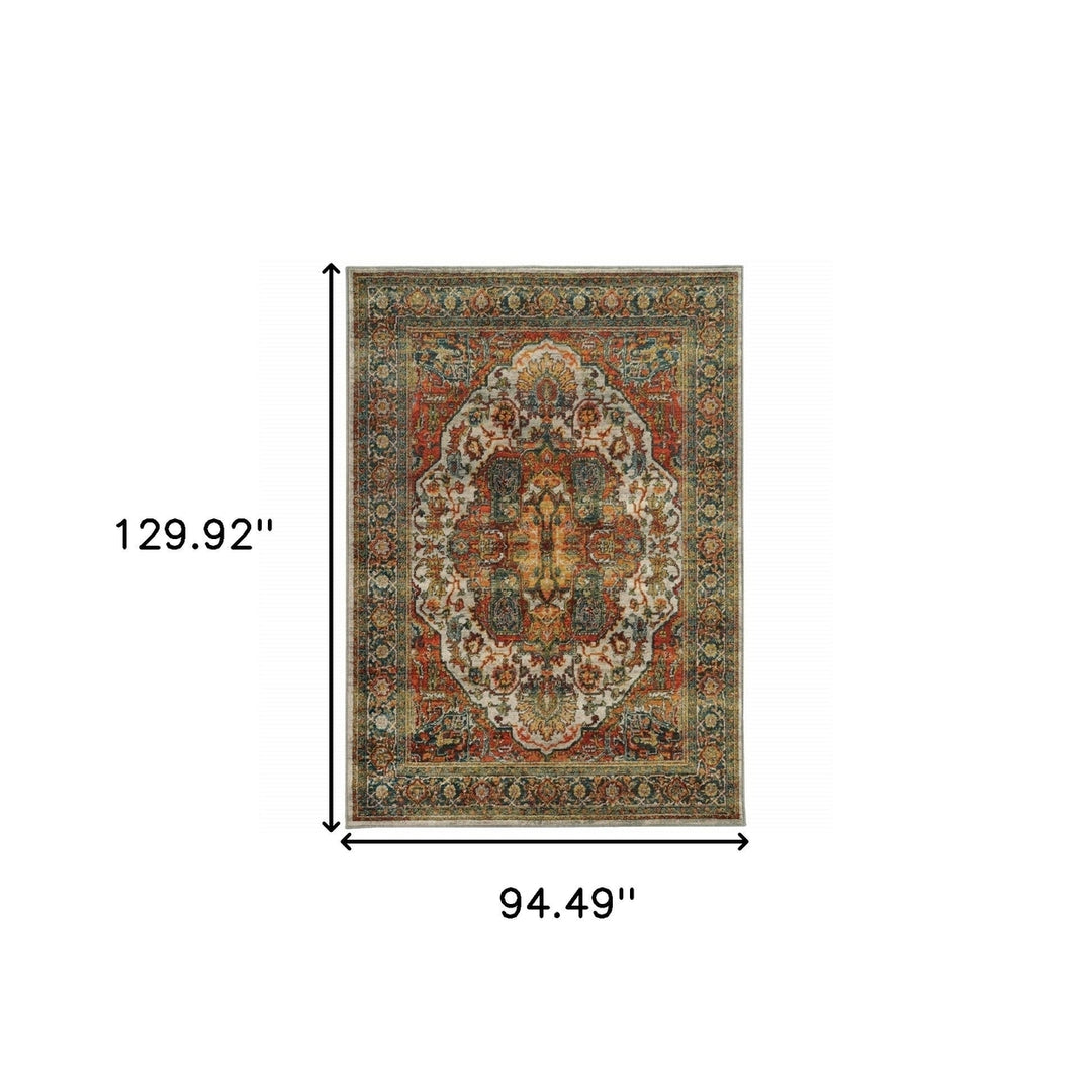 8 X 11 Red Gold Orange Green Ivory Rust And Blue Oriental Power Loom Stain Resistant Area Rug Image 10