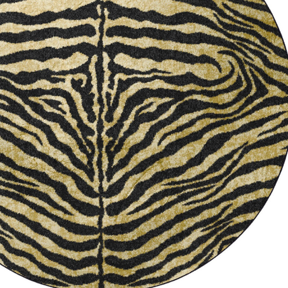 8 X 8 Black and Gold Round Animal Print Shag Handmade Non Skid Area Rug Image 1