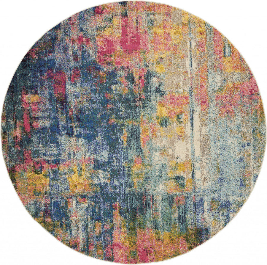 8 X 8 Blue And Yellow Round Abstract Power Loom Non Skid Area Rug Image 1