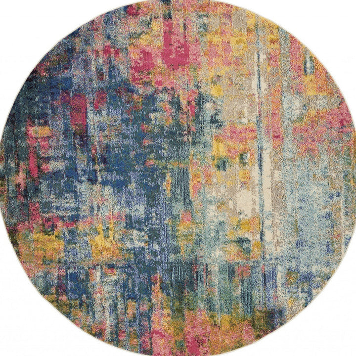 8 X 8 Blue And Yellow Round Abstract Power Loom Non Skid Area Rug Image 4