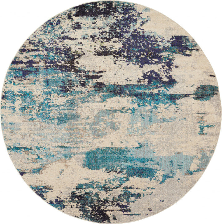 8 X 8 Ivory And Teal Blue Round Abstract Power Loom Non Skid Area Rug Image 1