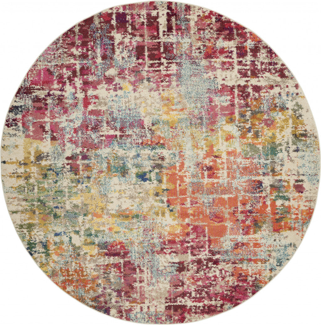 8 X 8 Pink Round Abstract Power Loom Distressed Non Skid Area Rug Image 1