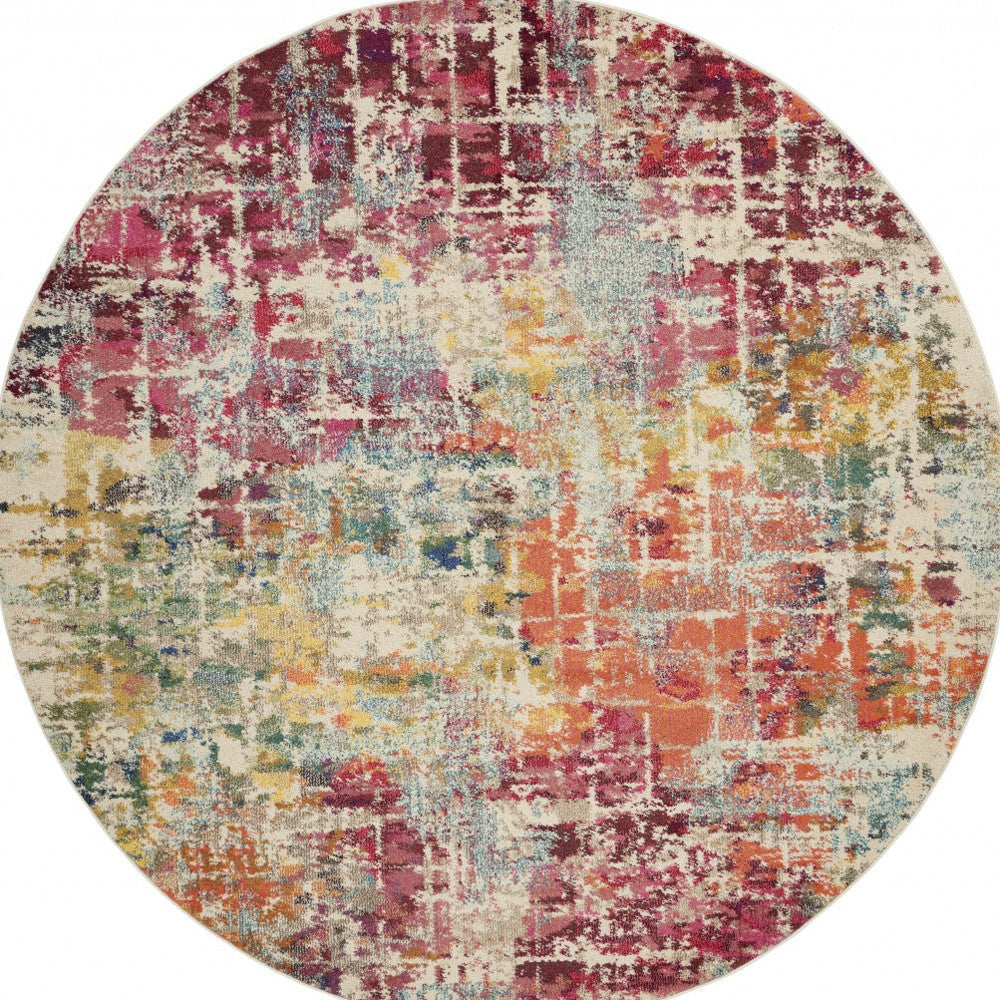 8 X 8 Pink Round Abstract Power Loom Distressed Non Skid Area Rug Image 4